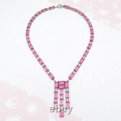 Vtg 1930s Art Deco Sterling Silver Pink Open Back Glass Crystal Dangle Necklace