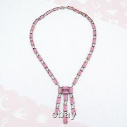 Vtg 1930s Art Deco Sterling Silver Pink Open Back Glass Crystal Dangle Necklace