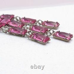 Vtg 1930s Art Deco Sterling Silver Pink Open Back Glass Crystal Dangle Necklace