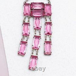 Vtg 1930s Art Deco Sterling Silver Pink Open Back Glass Crystal Dangle Necklace