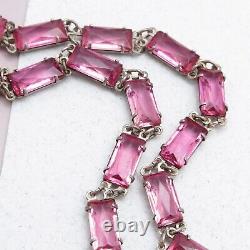 Vtg 1930s Art Deco Sterling Silver Pink Open Back Glass Crystal Dangle Necklace