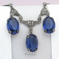 Vtg 1930s Art Deco Sterling Silver Sapphire Glass Dangle Necklace