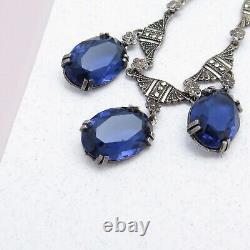 Vtg 1930s Art Deco Sterling Silver Sapphire Glass Dangle Necklace