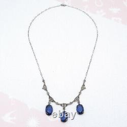 Vtg 1930s Art Deco Sterling Silver Sapphire Glass Dangle Necklace