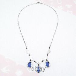 Vtg 1930s Art Deco Sterling Silver Sapphire Glass Dangle Necklace