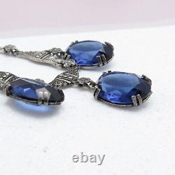 Vtg 1930s Art Deco Sterling Silver Sapphire Glass Dangle Necklace