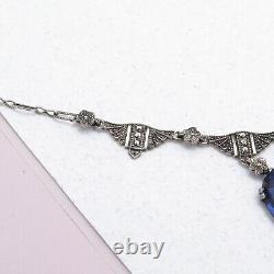 Vtg 1930s Art Deco Sterling Silver Sapphire Glass Dangle Necklace