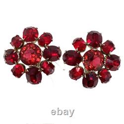 Vtg 1930s Red Faceted Glass Flower Shape Sterling Silver Clip Earrings