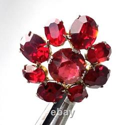 Vtg 1930s Red Faceted Glass Flower Shape Sterling Silver Clip Earrings