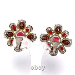 Vtg 1930s Red Faceted Glass Flower Shape Sterling Silver Clip Earrings