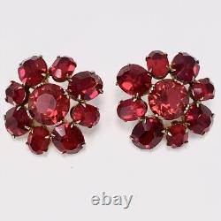 Vtg 1930s Red Faceted Glass Flower Shape Sterling Silver Clip Earrings