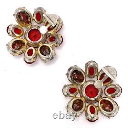 Vtg 1930s Red Faceted Glass Flower Shape Sterling Silver Clip Earrings
