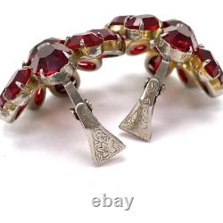 Vtg 1930s Red Faceted Glass Flower Shape Sterling Silver Clip Earrings