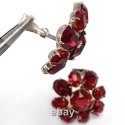 Vtg 1930s Red Faceted Glass Flower Shape Sterling Silver Clip Earrings