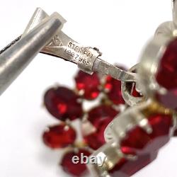 Vtg 1930s Red Faceted Glass Flower Shape Sterling Silver Clip Earrings
