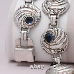 Vtg 1940s Retro Sapphire Blue Glass Sterling Silver Repousse Link Necklace