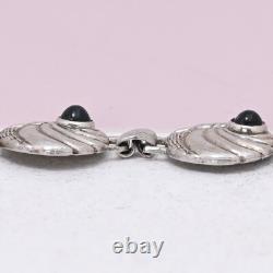 Vtg 1940s Retro Sapphire Blue Glass Sterling Silver Repousse Link Necklace