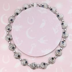 Vtg 1940s Retro Sapphire Blue Glass Sterling Silver Repousse Link Necklace