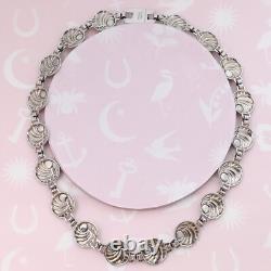 Vtg 1940s Retro Sapphire Blue Glass Sterling Silver Repousse Link Necklace