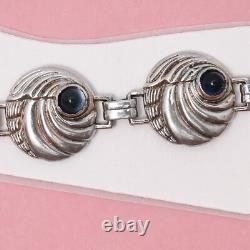 Vtg 1940s Retro Sapphire Blue Glass Sterling Silver Repousse Link Necklace