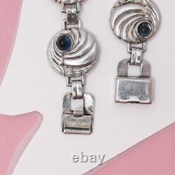 Vtg 1940s Retro Sapphire Blue Glass Sterling Silver Repousse Link Necklace