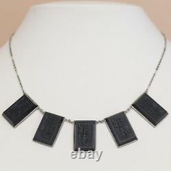 Vtg 1950's Japanese Onyx Glass Character Necklace Earrings Sterling Silver Set