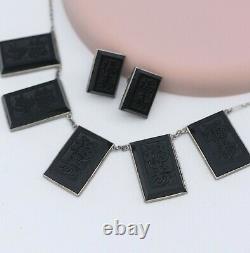 Vtg 1950's Japanese Onyx Glass Character Necklace Earrings Sterling Silver Set