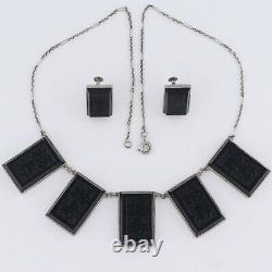 Vtg 1950's Japanese Onyx Glass Character Necklace Earrings Sterling Silver Set