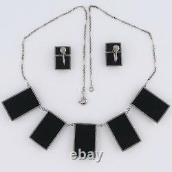 Vtg 1950's Japanese Onyx Glass Character Necklace Earrings Sterling Silver Set