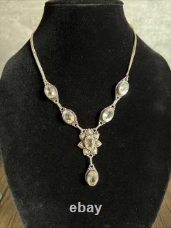 Vtg 925 Sterling Silver Floral Drop Festoon Necklace Clear Crystal Glass 18