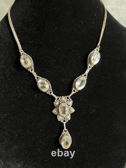 Vtg 925 Sterling Silver Floral Drop Festoon Necklace Clear Crystal Glass 18