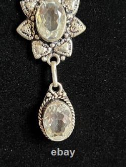 Vtg 925 Sterling Silver Floral Drop Festoon Necklace Clear Crystal Glass 18