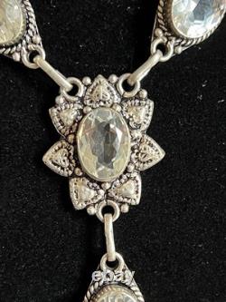 Vtg 925 Sterling Silver Floral Drop Festoon Necklace Clear Crystal Glass 18
