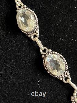 Vtg 925 Sterling Silver Floral Drop Festoon Necklace Clear Crystal Glass 18