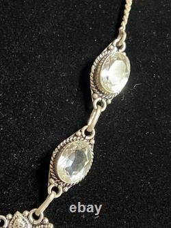 Vtg 925 Sterling Silver Floral Drop Festoon Necklace Clear Crystal Glass 18