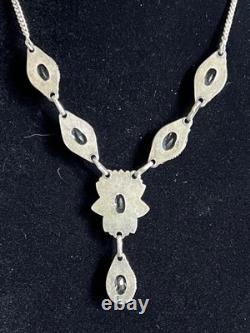 Vtg 925 Sterling Silver Floral Drop Festoon Necklace Clear Crystal Glass 18