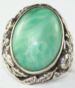 Vtg Antique 1940's Sterling Silver Blooming Rose & Green Art Glass Ring Size 4.7