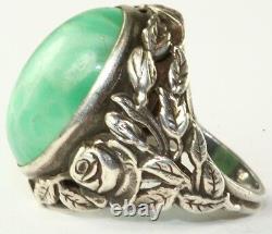 Vtg Antique 1940's Sterling Silver Blooming Rose & Green Art Glass Ring Size 4.7
