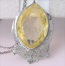 Vtg Antique Art Deco Citrine Marquise Glass Sterling Silver Filigree Necklace