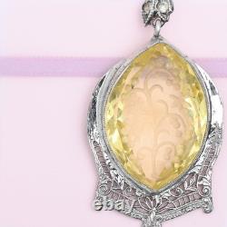 Vtg Antique Art Deco Citrine Marquise Glass Sterling Silver Filigree Necklace