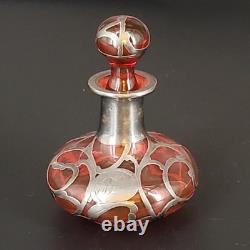 Vtg/Antique Cranberry Glass Sterling Silver Deposit 94 Perfume Bottle 4.25T