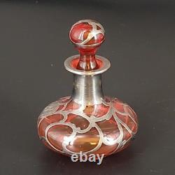 Vtg/Antique Cranberry Glass Sterling Silver Deposit 94 Perfume Bottle 4.25T