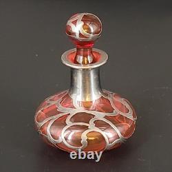 Vtg/Antique Cranberry Glass Sterling Silver Deposit 94 Perfume Bottle 4.25T
