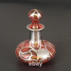 Vtg/Antique Cranberry Glass Sterling Silver Deposit 94 Perfume Bottle 4.25T