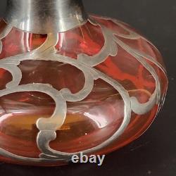 Vtg/Antique Cranberry Glass Sterling Silver Deposit 94 Perfume Bottle 4.25T
