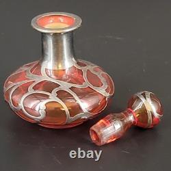 Vtg/Antique Cranberry Glass Sterling Silver Deposit 94 Perfume Bottle 4.25T
