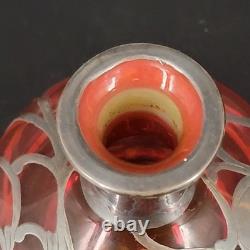 Vtg/Antique Cranberry Glass Sterling Silver Deposit 94 Perfume Bottle 4.25T