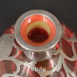 Vtg/Antique Cranberry Glass Sterling Silver Deposit 94 Perfume Bottle 4.25T