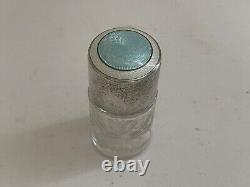 Vtg Antique Glass & Sterling Silver & Guilloche Enamel Inkwell or Powder Jar