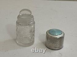 Vtg Antique Glass & Sterling Silver & Guilloche Enamel Inkwell or Powder Jar